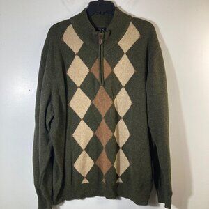 Mens‎ Vintage Jos A Bank Argyle Lambs Wool Sweater 1/4 Zip Brown Tan XL